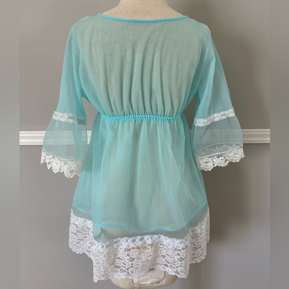 Radcliffe Vintage 60s Babydoll Aqua Blue Nylon Negligee Robe Nightie Set Small - Picture 6 of 12